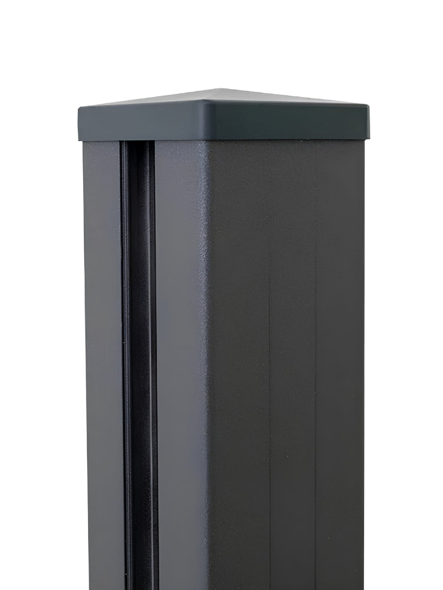 Close-up of the dark aluminum alloy fence post with fitted square cap and vertical side channel