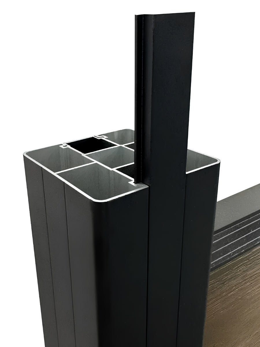 Close-up of the aluminum alloy fence post profile with a vertical panel channel insert