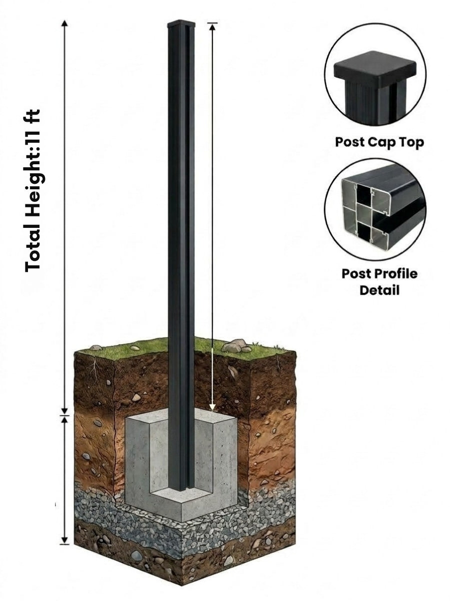 11 ft aluminum alloy fence post embedded in a concrete footing with cap and profile details