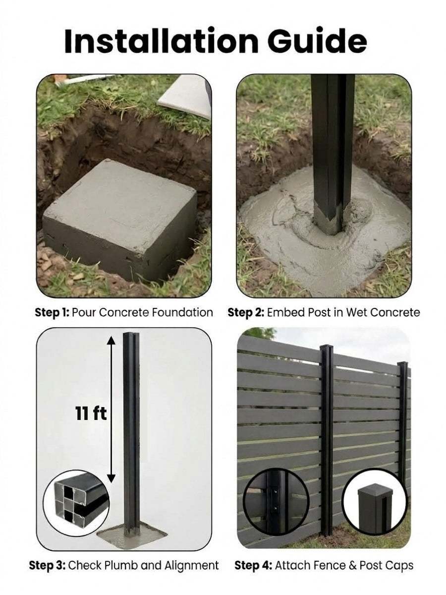 Four-step installation guide for the 11 ft aluminum alloy fence post, from concrete foundation to fence attachment