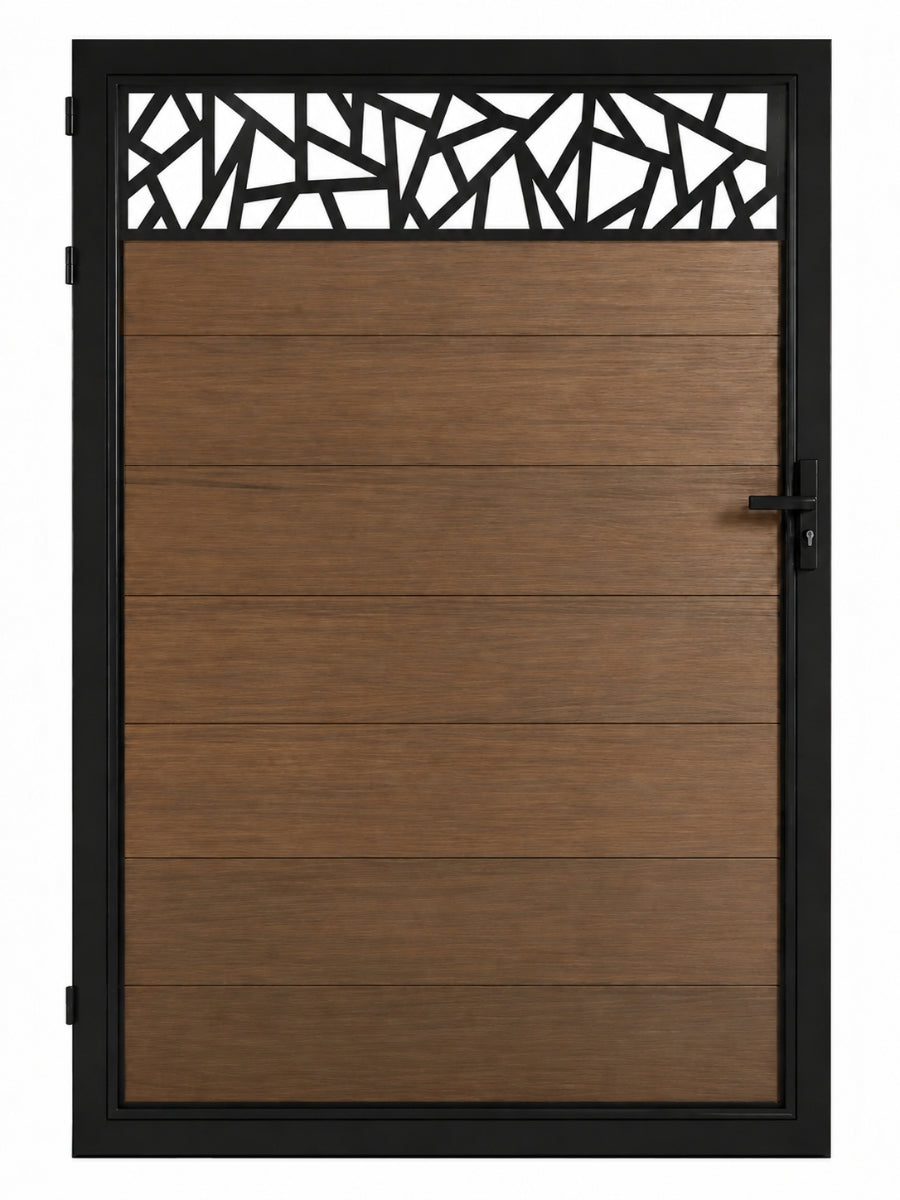Abstract geometric decorative screen panel installed atop a wood-look 4FT single gate