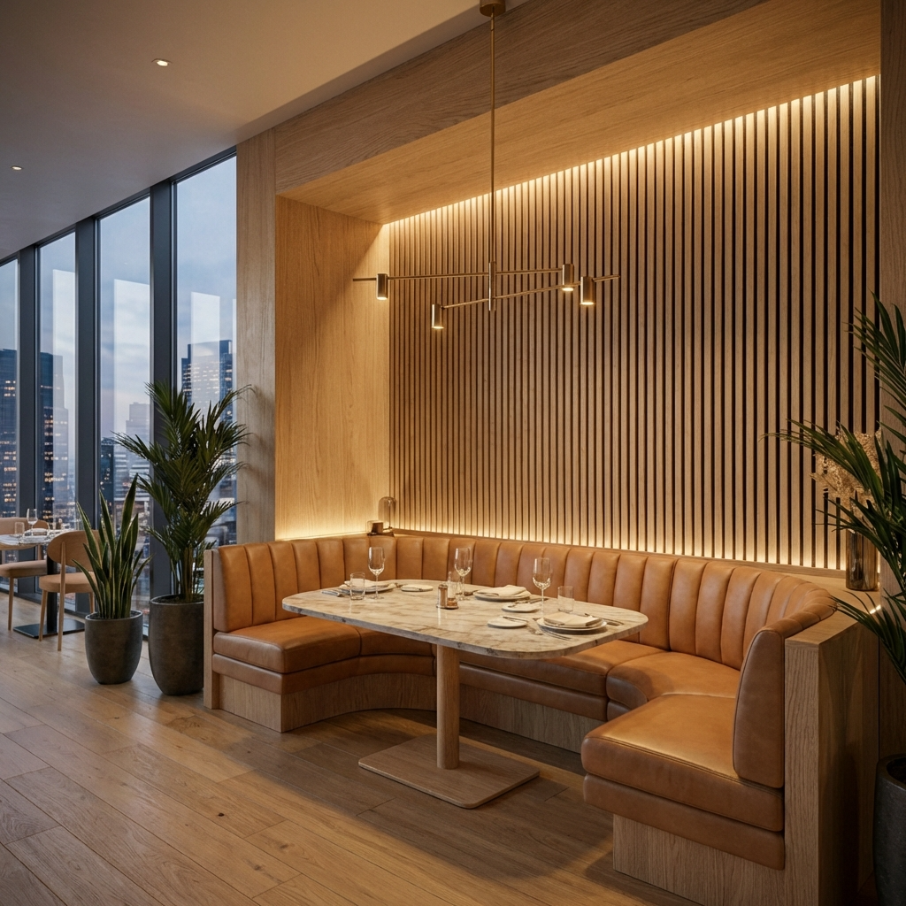 Natural oak acoustic wood slat wall with warm lighting behind a restaurant booth