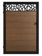 Black decorative gate screen panel with geometric cutouts atop a brown wood-look pedestrian gate