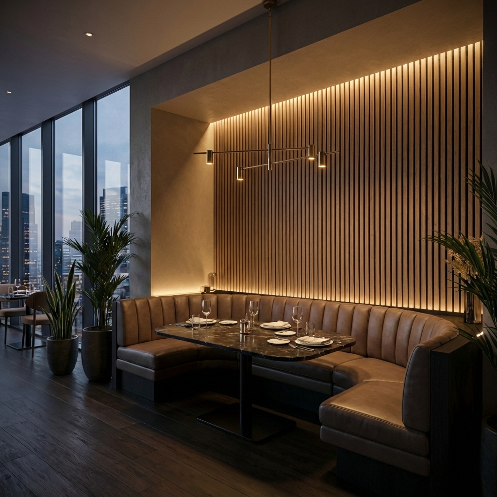 Restaurant booth with royal oak acoustic slat wall panel feature wall and LED lighting