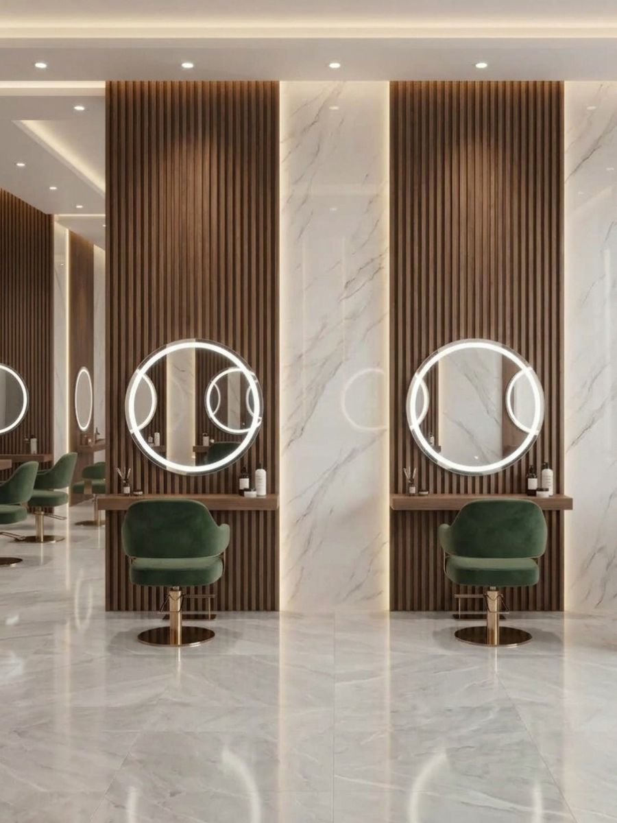 Walnut WPC fluted wall panels behind illuminated round mirrors at salon styling stations