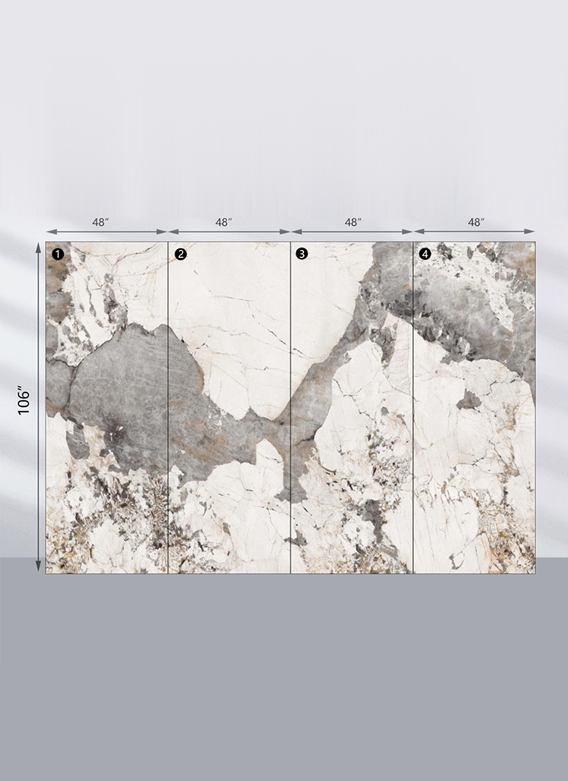 Four Pandora Granite veneer panels arranged to show the continuous Infinity Design pattern, each labeled 48 inches wide