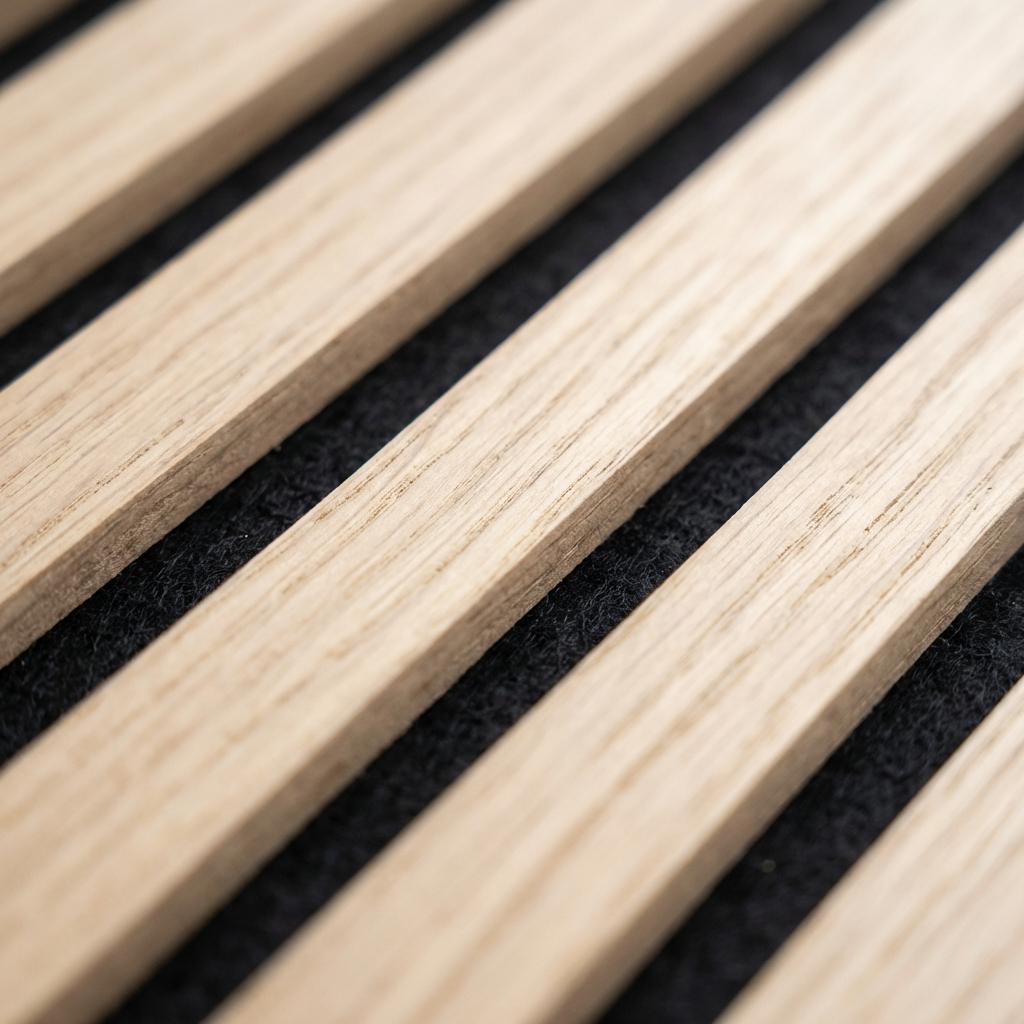 Close-up of light oak acoustic slat wall panel with black felt backing