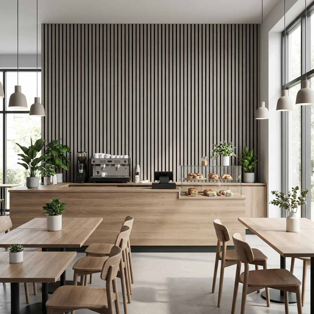 Floor-to-ceiling ash gray acoustic wood slat panel wall behind a cafe counter