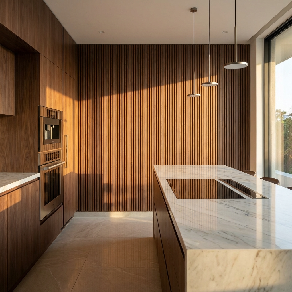Wenge Acoustic Slat Wall Panels Installed in Modern Luxury Kitchen Interior