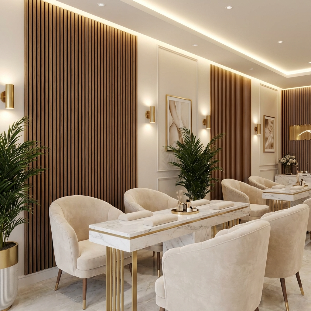 Wenge Acoustic Slat Wall Panels Installed in Luxury Salon Interior with Vertical Wood Slat Design