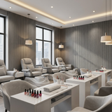 Ash gray acoustic wood slat panels installed around windows in a modern nail salon