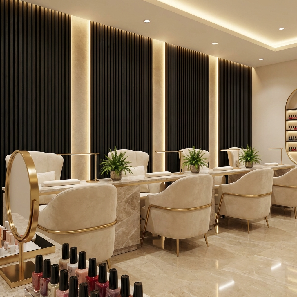 Black Acoustic Slat Wall Panels Installed in Luxury Salon Interior with Vertical Slat Feature Wall