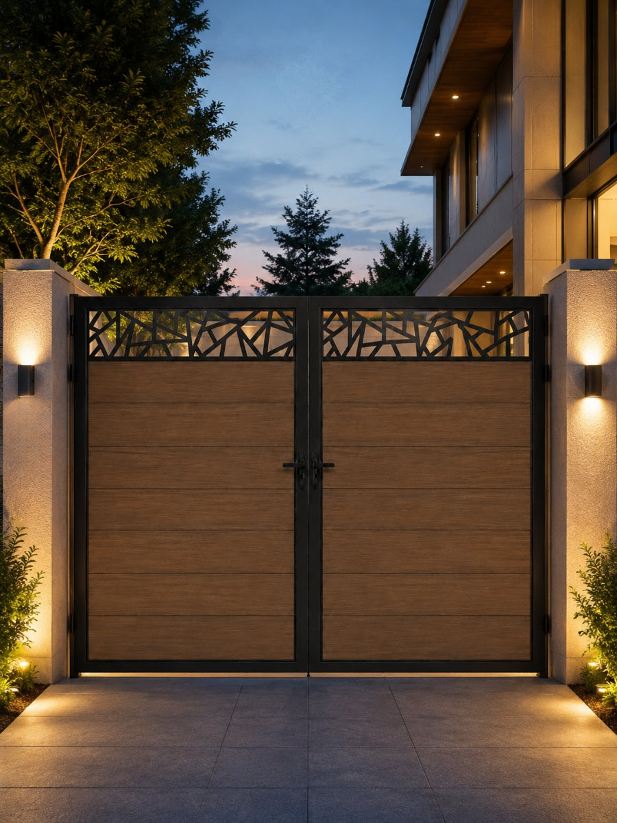 Geometric decorative screen panels installed atop a brown 4-foot double gate at a modern home entrance