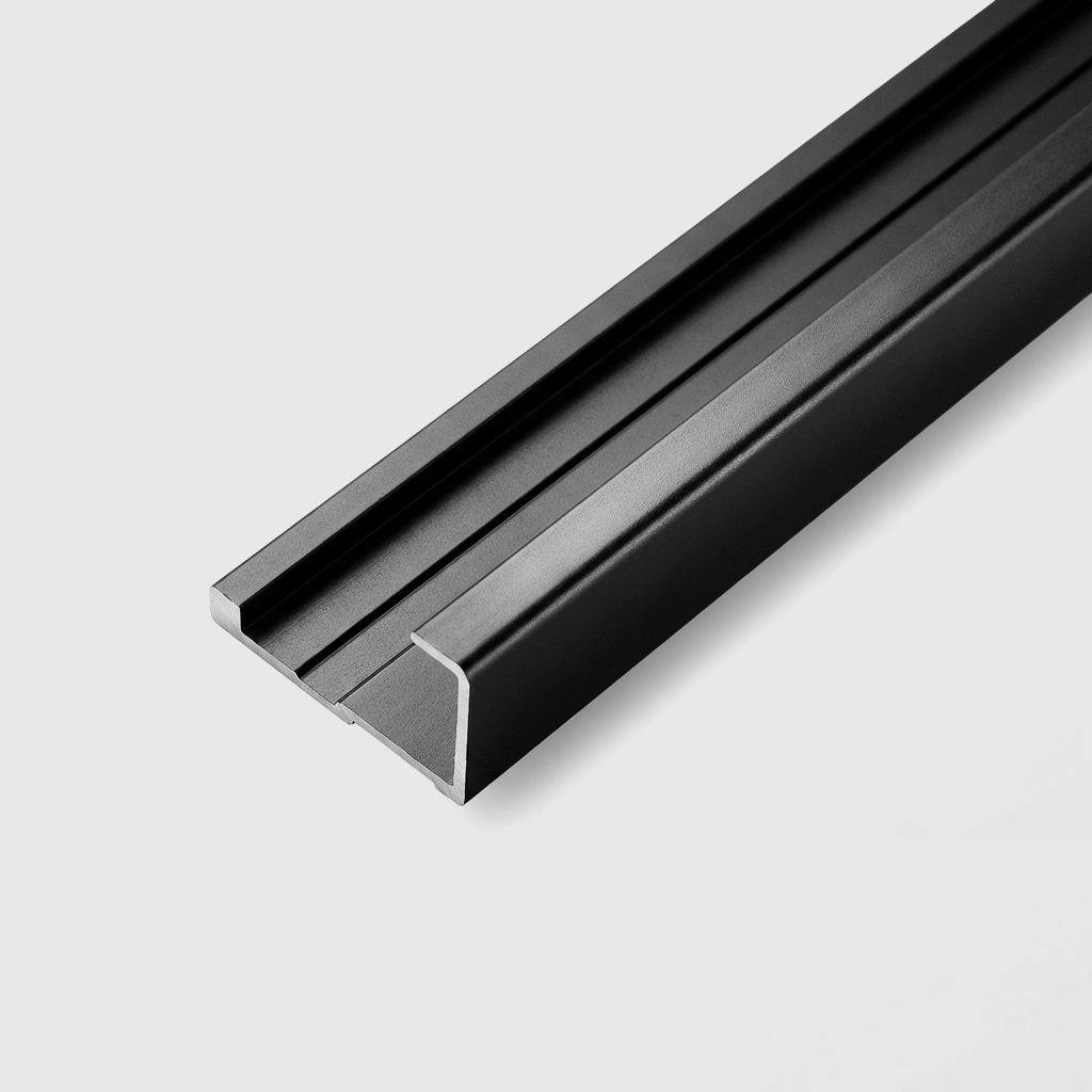Black aluminum alloy end cap trim with open channel profile, 5/16 x 110 inches