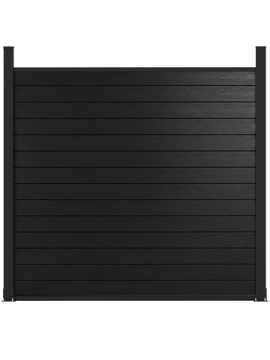 Front view of a black aluminum full privacy fence panel with horizontal slats and two posts