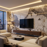 Pandora Granite wood veneer TV wall with continuous white, gray, and brown stone-like pattern