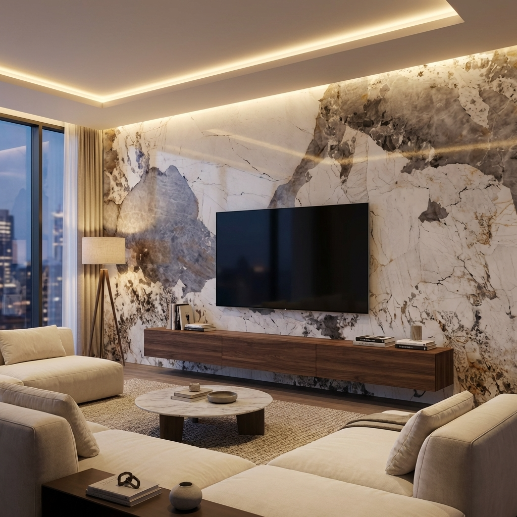 Pandora Granite wood veneer TV wall with continuous white, gray, and brown stone-like pattern