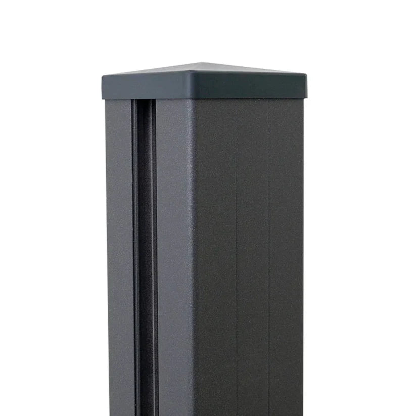 Close-up of the dark gray 8 ft in-ground fence post with fitted square top cap