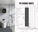 PVC marble sheets comparison chart beside a bathroom with blue-veined marble wall panels