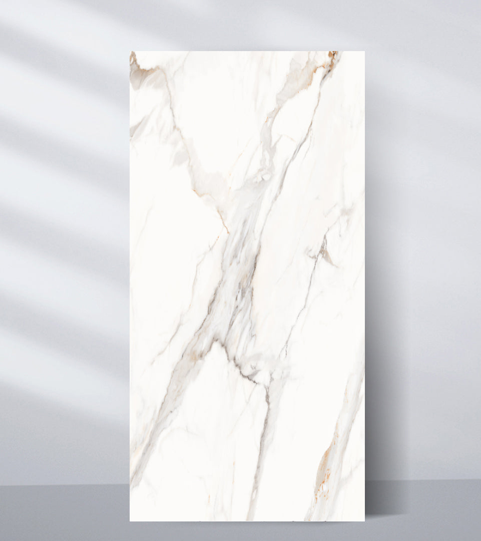 White wall panel sample with soft gray and warm beige marble-style veining