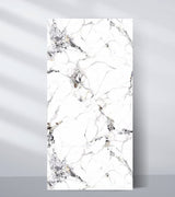 Freestanding 4 x 8 ft Glacier Vein PVC wall panel with a white marble look and gray, black, and gold veining