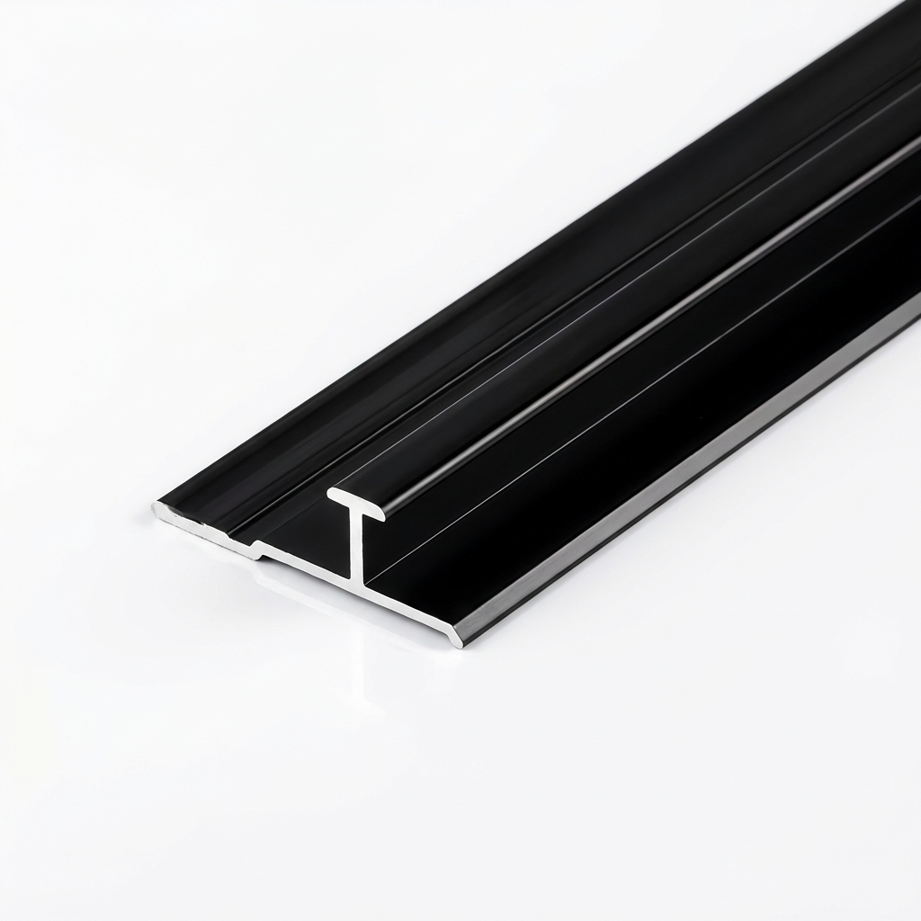 Black aluminum alloy seamless connection H trim shown diagonally with exposed H-shaped cross section