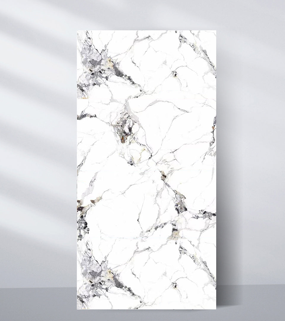 White wall panel sample with delicate gray, black, and gold marble-style veining