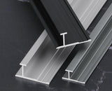 Black, silver and gray aluminum H-joint connection trims shown in cross-section