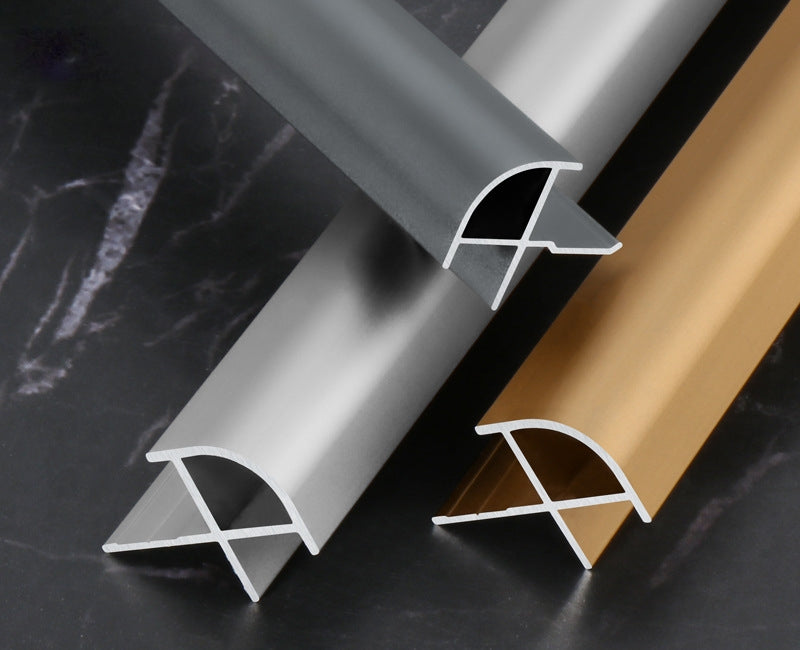 Three 3mm aluminum outside corner trims for PVC wall panels in dark gray, silver, and gold finishes