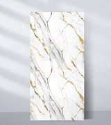 White PVC marble sheet sample with flowing gray bands and fine gold veining