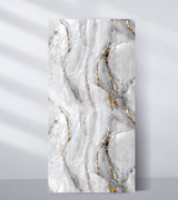 Gray PVC marble sheet sample with flowing translucent bands and gold-lined veins