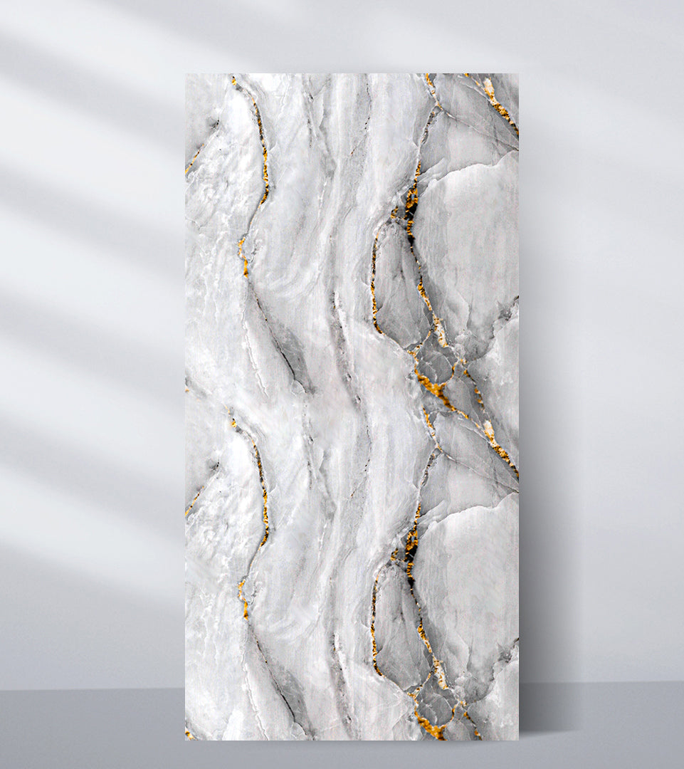 Gray PVC marble sheet sample with flowing translucent bands and gold-lined veins