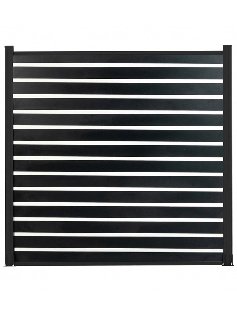 Front view of black 6 ft × 6 ft all-aluminum open slat fence panel with posts