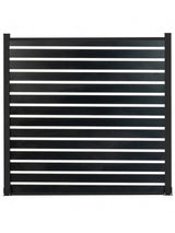 Front view of black 6 ft × 6 ft all-aluminum open slat fence panel with posts