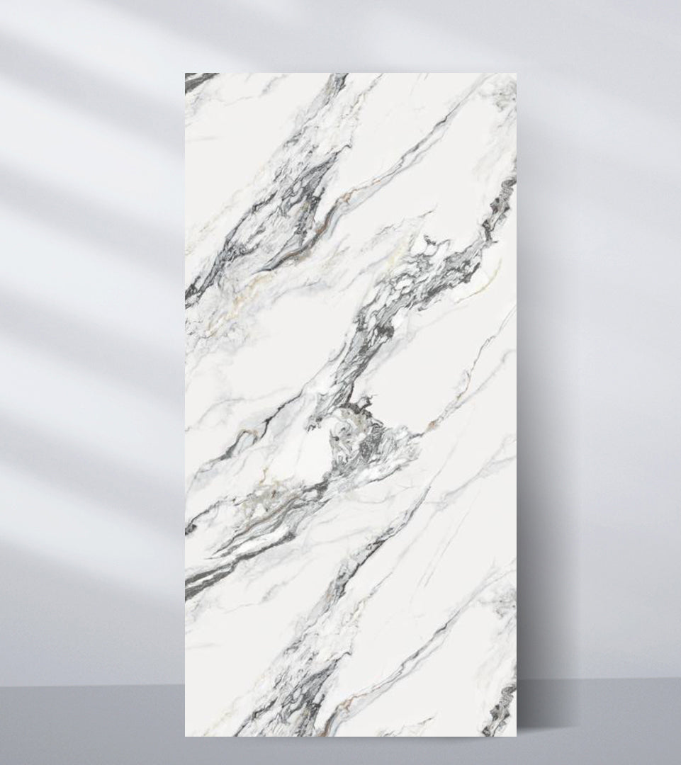 Regal Harmony luxury marble veneer wall panel with a white surface and flowing gray and subtle gold veining