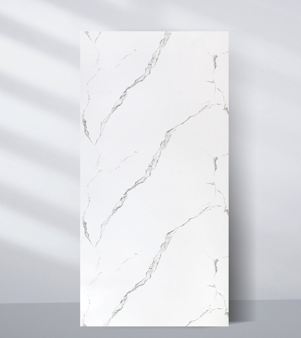 White PVC marble sheet sample with sparse fine gray diagonal veining