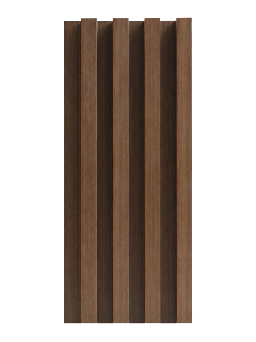 Walnut WPC fluted 3D wall panel with vertical wood-grain slats and deep grooves