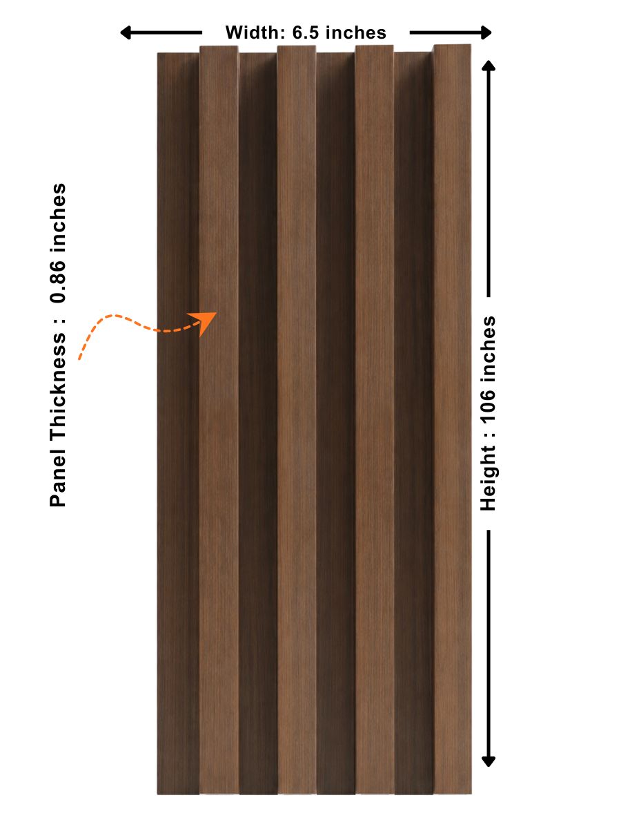 Walnut WPC fluted wall panel diagram showing 106-inch height, 6.5-inch width and 0.86-inch thickness