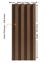 Walnut WPC fluted wall panel diagram showing 106-inch height, 6.5-inch width and 0.86-inch thickness