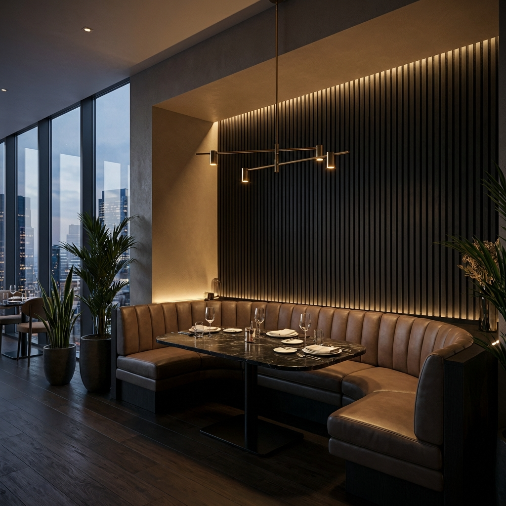 Black Acoustic Slat Wall Panels with LED Accent Lighting in Luxury Restaurant Interior