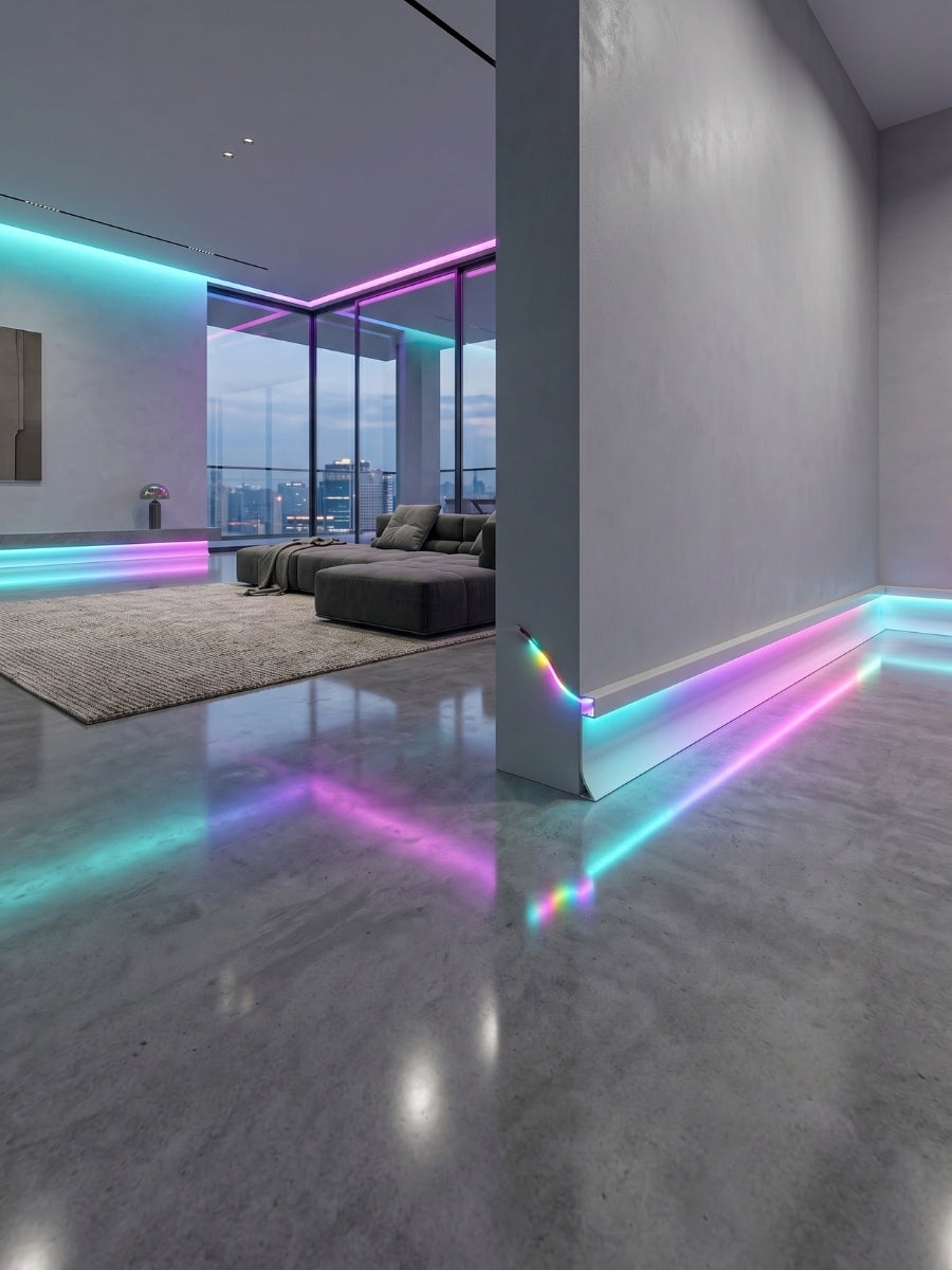 RGB LED baseboard molding illuminating a modern living room with cyan and pink light