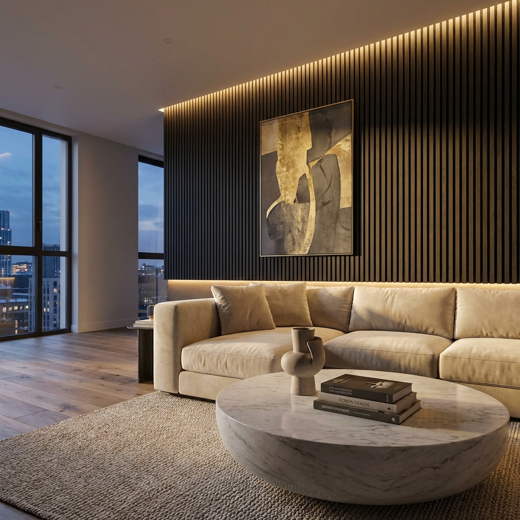 Black Acoustic Slat Wall Panels Installed in Modern Luxury Living Room Interior