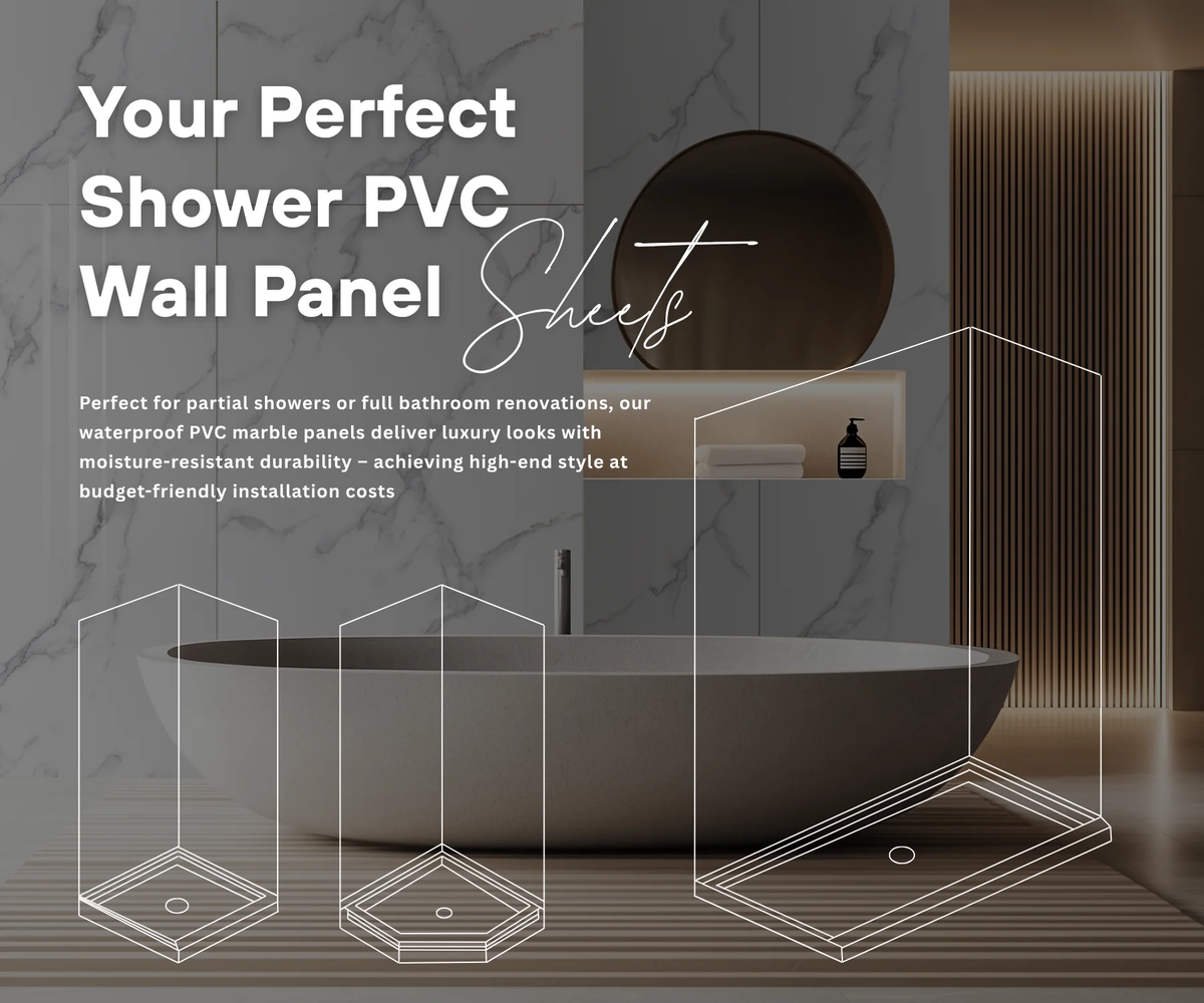 PVC marble shower wall panel graphic with a modern bathtub and three panel format outlines