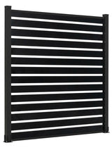 Angled view of black all-aluminum open slat fence panel and post