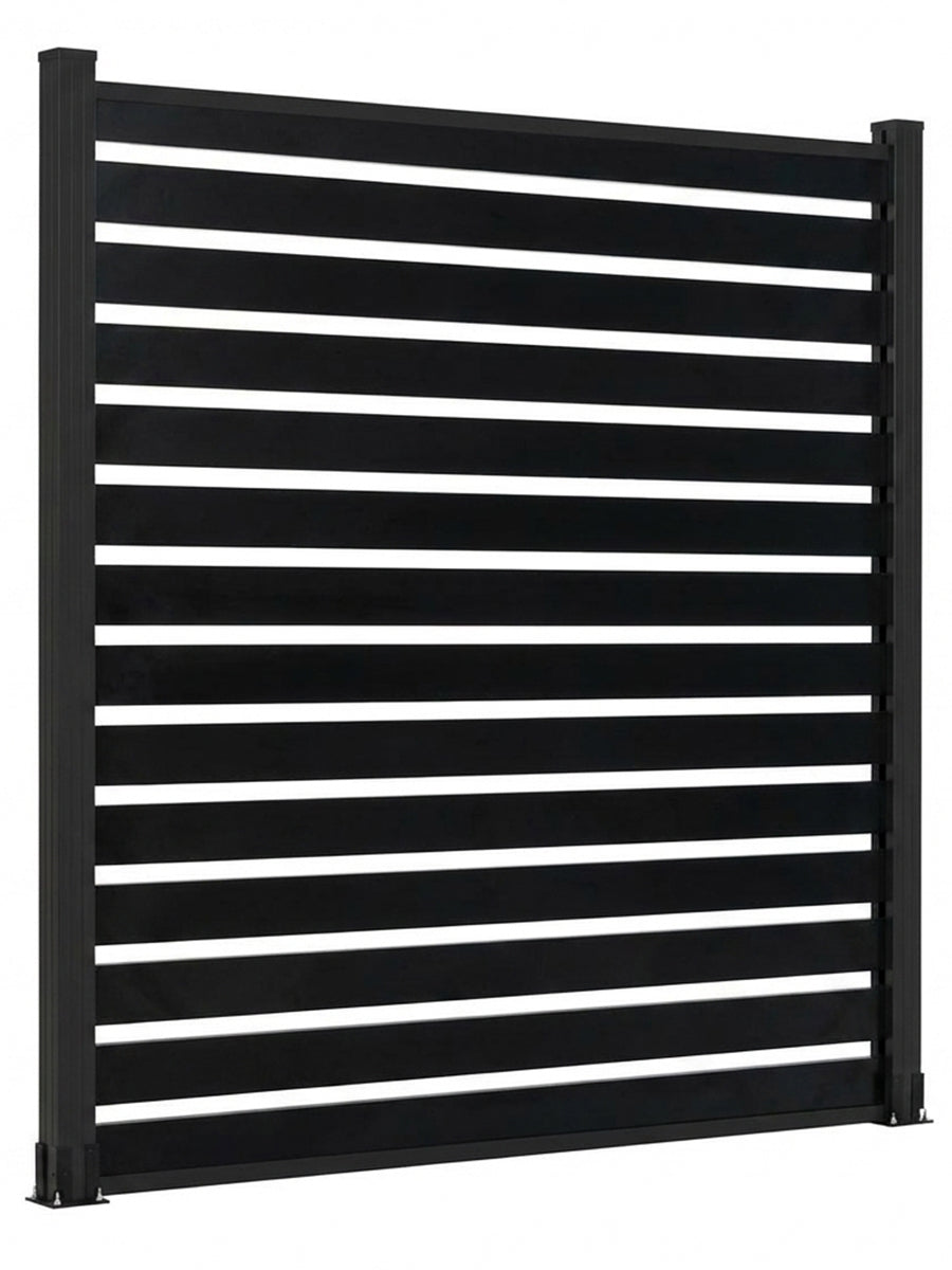 Angled view of black all-aluminum open slat fence panel and post