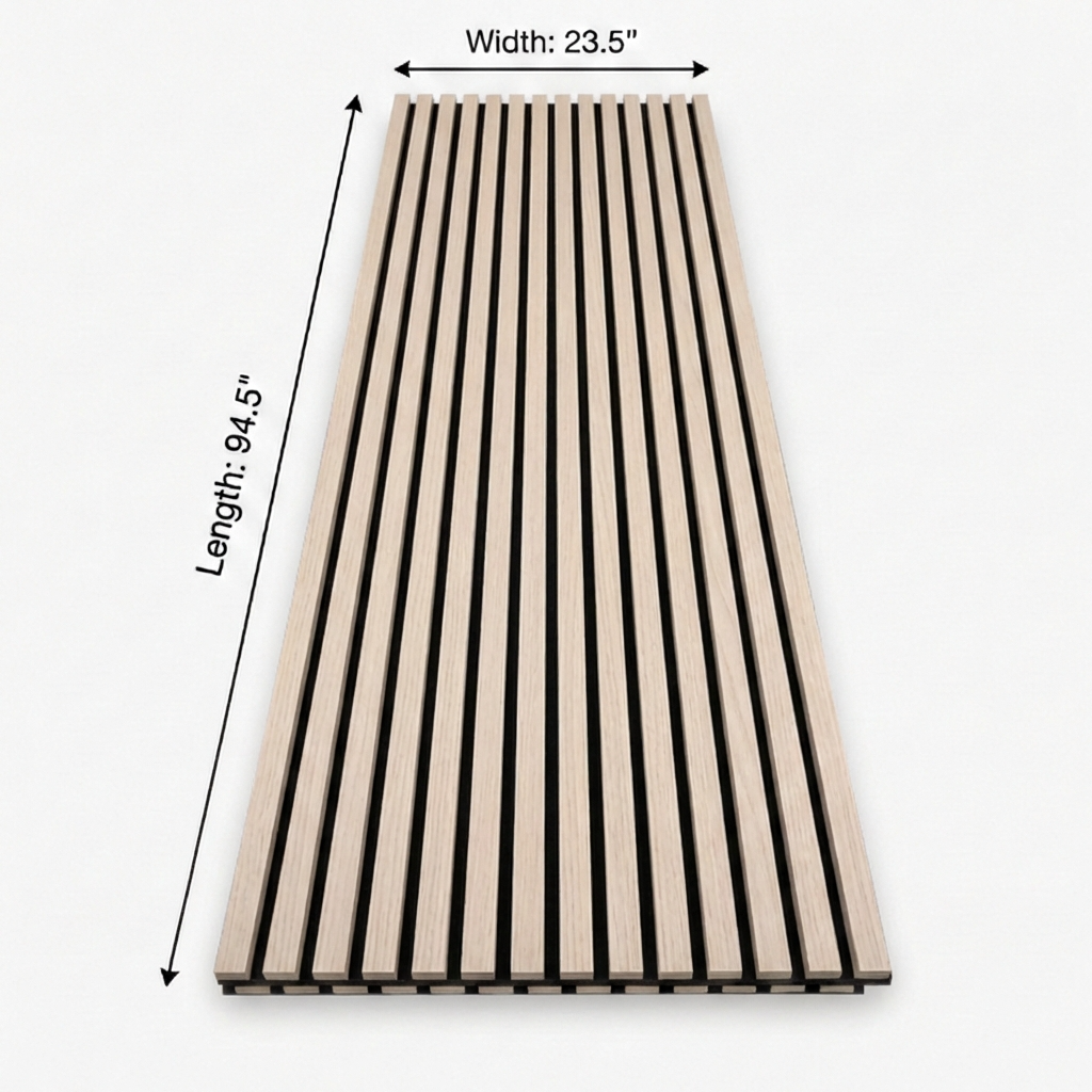 Natural oak acoustic wood slat wall panel measuring 94.5 inches long by 23.5 inches wide