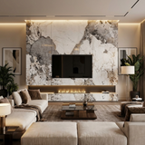 Pandora Granite veneer panels framing a wall-mounted TV and linear fireplace in a modern living room