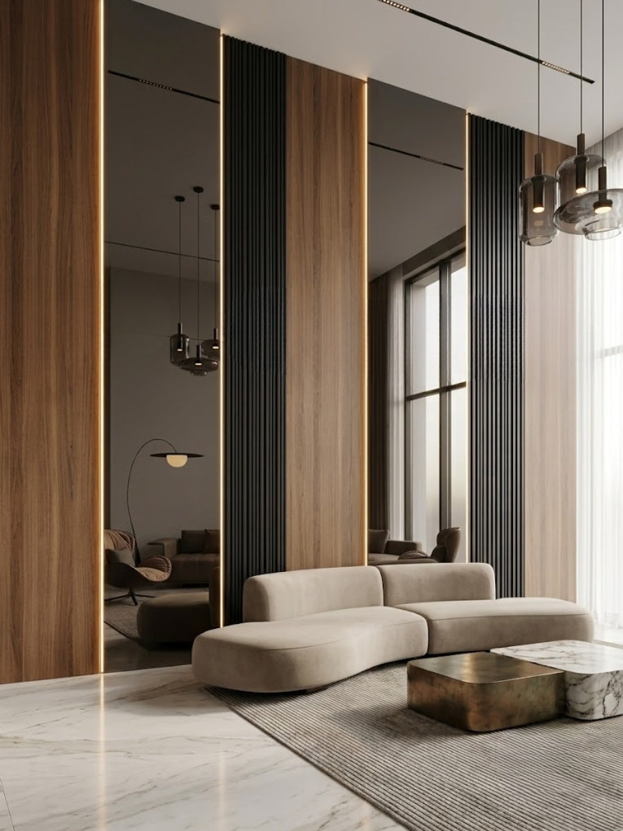 Black Mirror wood veneer panels installed between warm wood and fluted wall sections in a modern living room