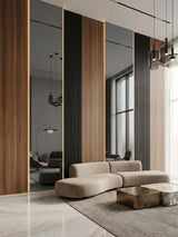 Gray mirror wood veneer panels installed between vertical walnut and black fluted wall sections in a modern living room