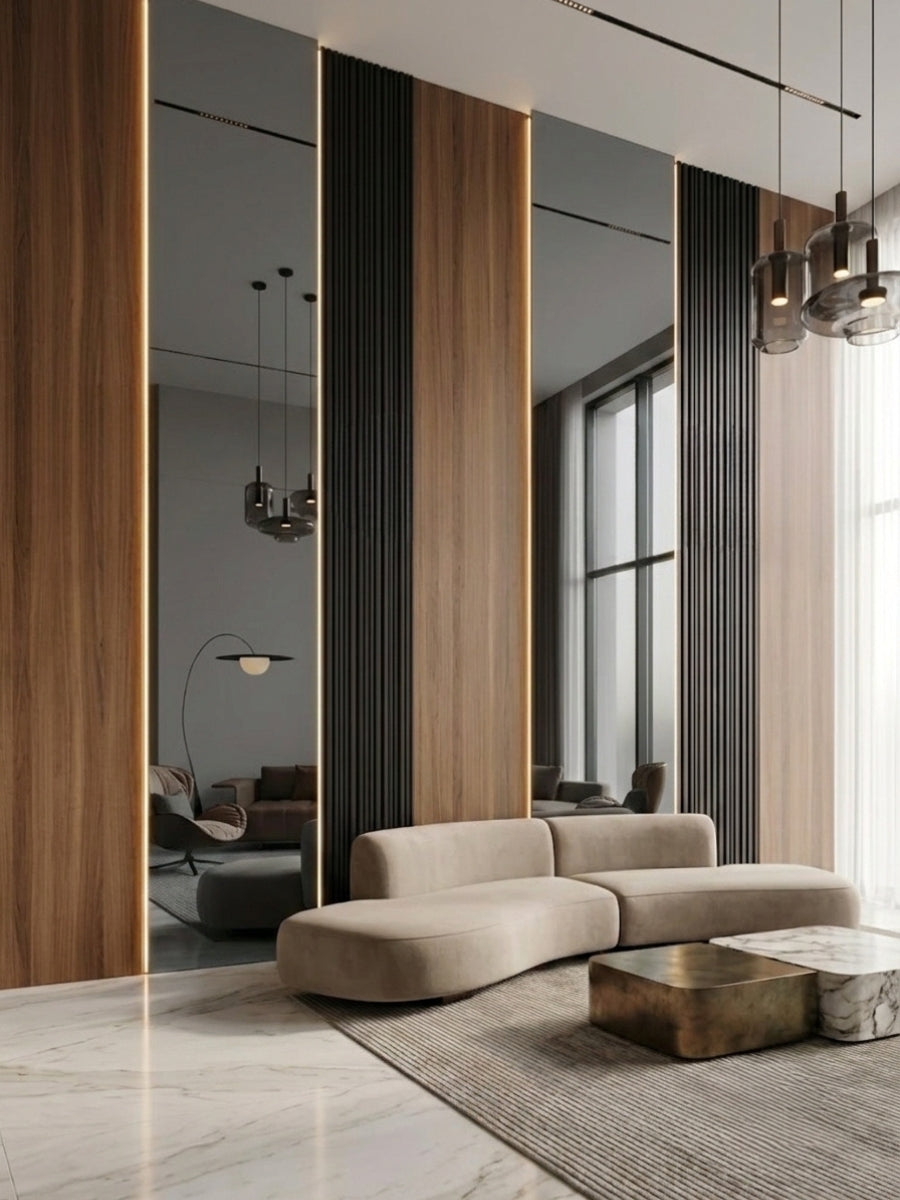 Gray mirror wood veneer panels installed between vertical walnut and black fluted wall sections in a modern living room